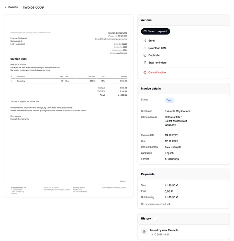 The overview of invoice 0009 to Example City Council: on the left the PDF, on the right Actions with Record payment, Send, Download XML, Duplicate and Stop reminders, in red Cancel invoice, the invoice details with format XRechnung, and the payments.