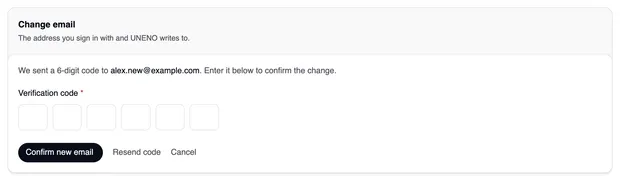 The confirmation step with the note that a 6-digit code was sent to the new address, six boxes for the code and “Confirm new email”, “Resend code” and “Cancel”.
