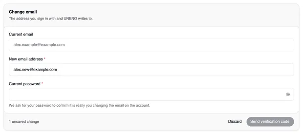 The “Change email” card with the current address, the “New email address” field, the “Current password” field and the “Send verification code” button.