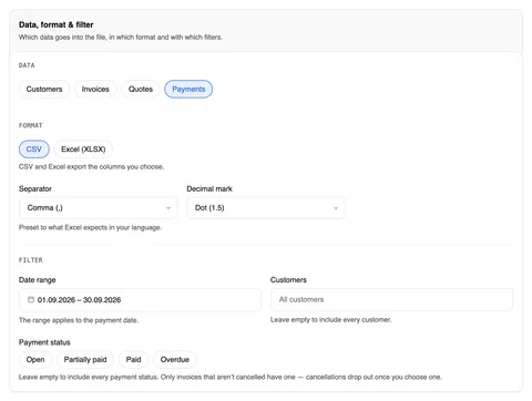 The “Data, format & filter” card with “Payments” selected: format CSV or Excel, below them Separator and Decimal mark; the filters Date range with the note “The range applies to the payment date.”, Customers and Payment status (Open, Partially paid, Paid, Overdue).