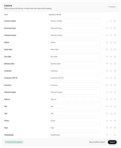 The “Columns” card with “17 columns” at the top right and a table Field · Heading in the file — invoice number, document type, cancels invoice, status, invoice date, due date, delivery date, customer, customer VAT ID, currency, payment status, paid on, net, VAT, gross, paid, open — each with a field for your own heading and, on the right, arrows to move it and an ×; at the bottom the count in green, “Save profile & export” and “Export”.