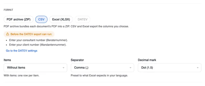 The Format section with DATEV greyed out and the amber note “Before the DATEV export can run:” — below it Enter your consultant number (Beraternummer) and Enter your client number (Mandantennummer) — and the link “Go to the DATEV settings”.