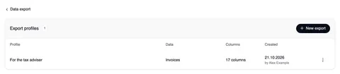 The “Export profiles” page with “‹ Data export” at the top and the “Export profiles” card (1) with “New export” on the right: the profile “For the tax adviser”, data Invoices, 17 columns, created on 21.10.2026 by Alex Example.