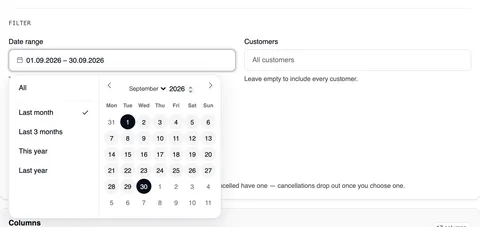 The Filter section with the calendar open on the date range: on the left the quick ranges All, Last month (checked), Last 3 months, This year and Last year, on the right September 2026 with the 1st and the 30th marked.
