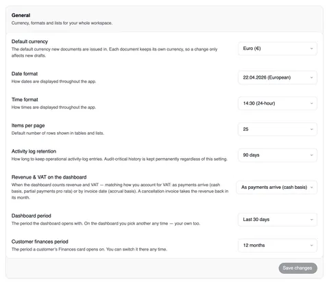 The “General” card — “Currency, formats and lists for your whole workspace.” — with Default currency (Euro), Date format (22.04.2026, European), Time format (14:30, 24-hour), Items per page (25), Activity log retention (90 days), Revenue & VAT on the dashboard (As payments arrive (cash basis)), Dashboard period (Last 30 days) and Customer finances period (12 months), at the bottom “Save changes”.