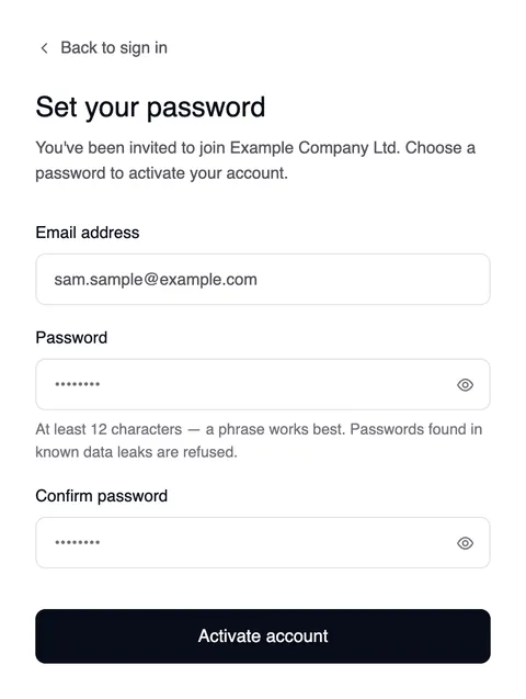 The “Set your password” page with “Back to sign in” above: “You've been invited to join Example Company Ltd”, with email, password, confirm password and the “Activate account” button.