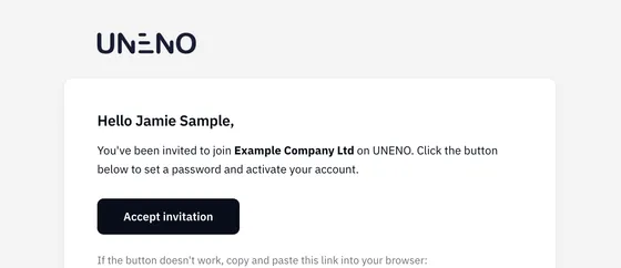 The invitation email “Hi Jamie Sample, you've been invited to join Example Company Ltd on UNENO” with the “Accept invitation” button.
