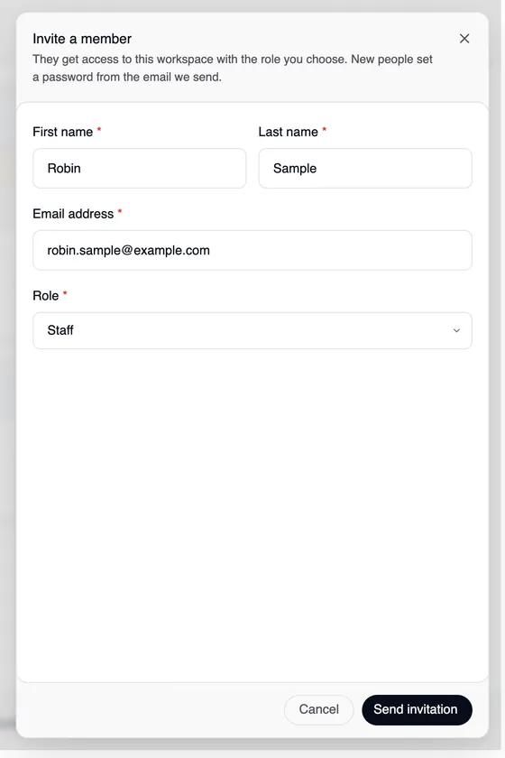 The “Invite member” sheet with the note on the role and the password email, first name Robin, last name Sample, email address robin.sample@example.com, the role Staff and the “Cancel” and “Send invitation” buttons.