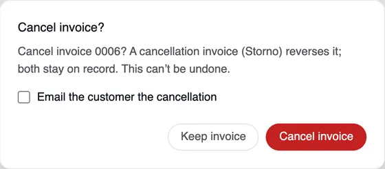 The “Cancel invoice” window: Cancel invoice 0006? A cancellation invoice reverses it; both stay on record. This can't be undone. With the “Email the customer the cancellation” checkbox and the Keep invoice and Cancel invoice buttons.