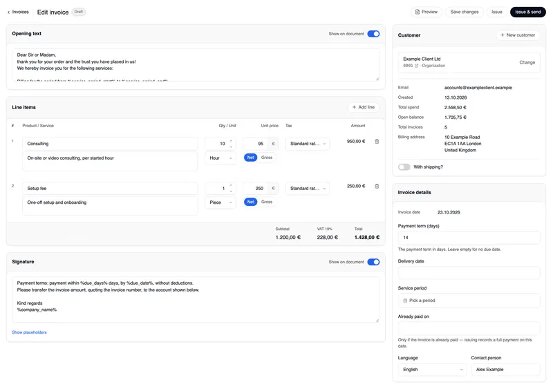 The invoice editor: at the top “‹ Invoices”, the title Edit invoice with the status Draft and the buttons Preview, Save changes, Issue and Issue & send; on the left the opening text, the line items with amount and the totals in the footer, then the signature; on the right the Customer card with Example Client Ltd (0001 · Organization), their details, the billing address and the “With shipping?” switch, and the invoice details with invoice date, payment term, delivery date, service period, already paid on, language and contact person.
