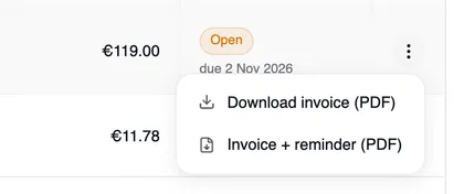 An invoice's open menu with “Download invoice (PDF)” and “Invoice + reminder (PDF)”.