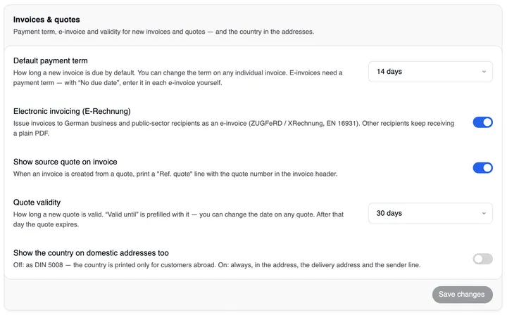 The “Invoices & quotes” card: Default payment term, Electronic invoicing (E-Rechnung) switched on, Show source quote on invoice switched on, Quote validity and Show the country on domestic addresses too switched off — each with a short explanation.