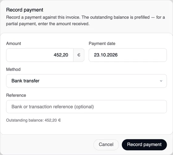The “Record payment” window with the amount, the payment date, the method Bank transfer, the reference field and the outstanding balance note.