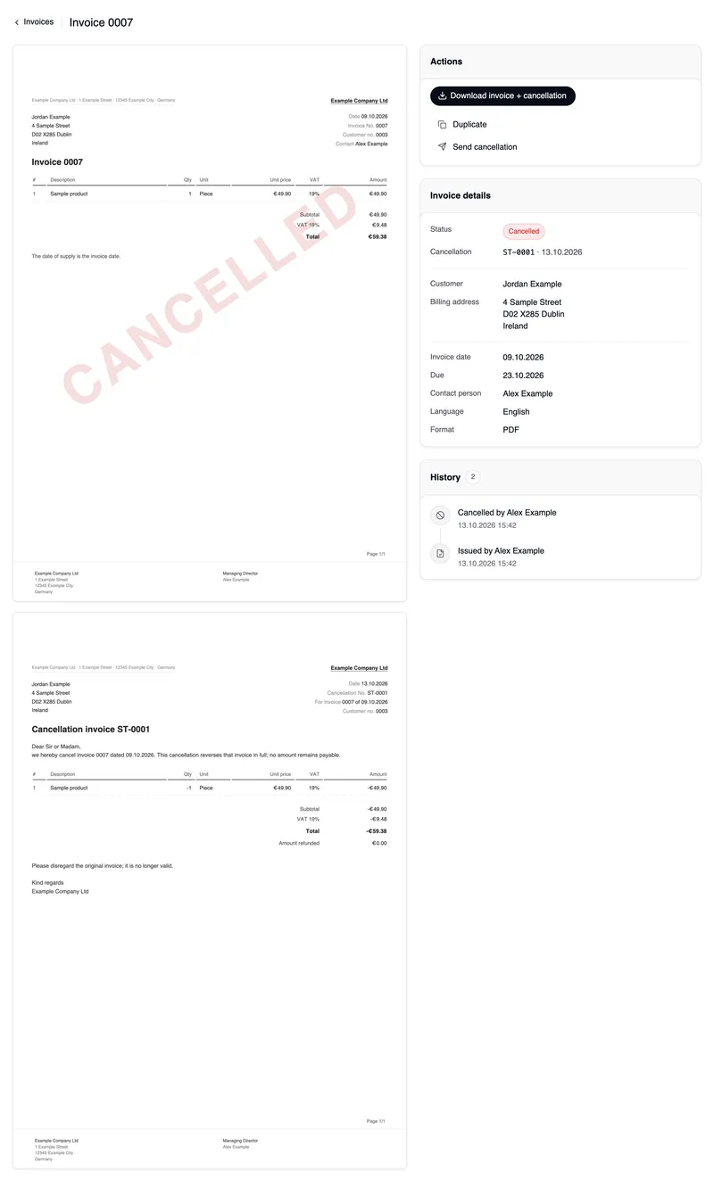 The overview of the cancelled invoice 0007: on the left the invoice with the red CANCELLED stamp, followed by the cancellation invoice ST-0001; on the right Actions with “Download invoice + cancellation”, Duplicate and Send cancellation, the invoice details with status Cancelled and cancellation ST-0001 · 13.10.2026, and the History.