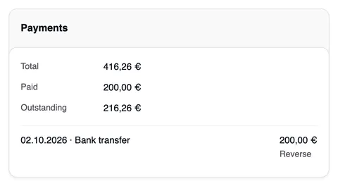 The Payments card of invoice 0005: Total 416,26 €, Paid 200,00 €, Outstanding 216,26 €, below it the payment of 02.10.2026 by bank transfer for 200,00 € with “Reverse”.
