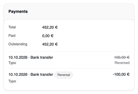 The Payments card of invoice 0006: Total, Paid 0,00 € and Outstanding; the payment of 10.10.2026 for 100,00 € struck through and marked “Reversed”, below it the reversal of -100,00 €.