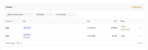 The “Invoices” page with “€119.00 open” at the top right, the filters invoice number, status and invoice date, and two invoices: 0006 of 19 Oct 2026 for €119.00, status “Open”, due 2 Nov 2026, and 0002 of 13 Oct 2026 for €11.78 (Subscription), status “Paid”.