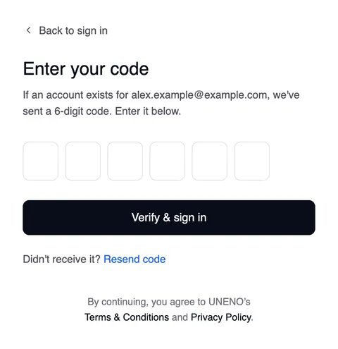 The step “Enter your code” with “Back to sign in” above, six boxes for the code, the “Verify & sign in” button and “Didn't receive it? Resend code”.