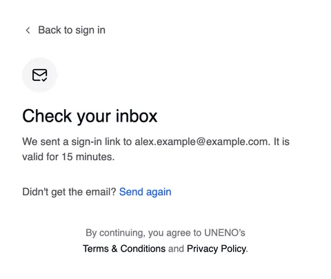The step “Check your inbox”: “We sent a sign-in link to …. It is valid for 15 minutes.” and “Didn't get the email? Send again”.
