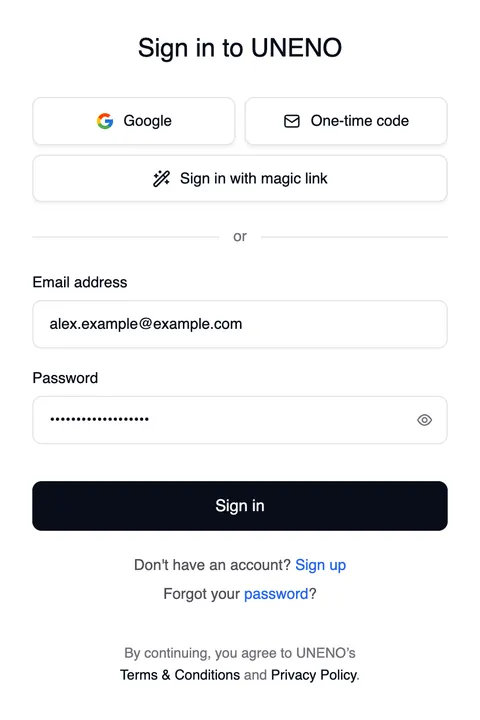 The sign-in page “Sign in to UNENO”: at the top “Google” and “One-time code” side by side and “Sign in with magic link”, then “or”, Email address, Password, the “Sign in” button, “Don't have an account? Sign up” and “Forgot your password?”.