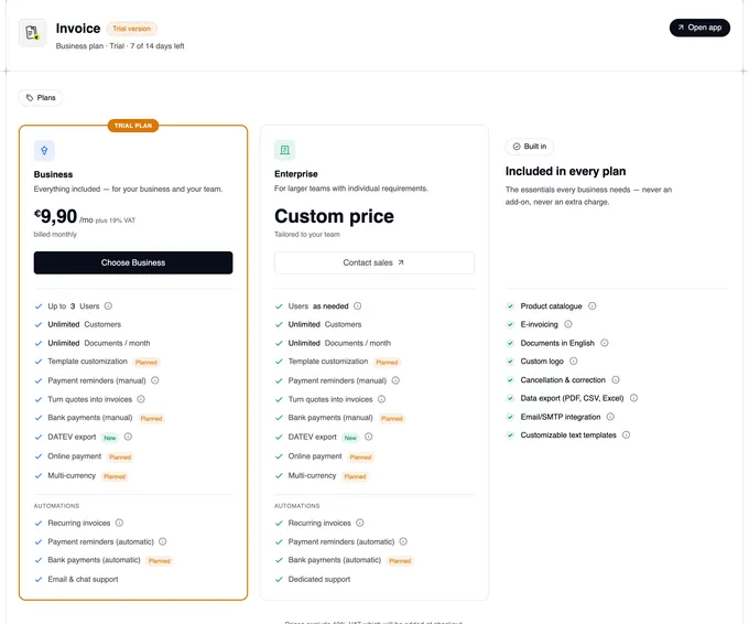 The Invoice app's page during the trial: at the top “Invoice” marked “Trial version” with the line “Business plan · Trial · 7 of 14 days left” and “Open app” on the right; below, the plans Business (marked Trial plan, “Choose Business”) and Enterprise (“Contact sales”), with “Included in every plan” next to them.