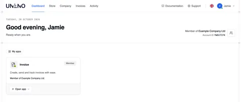 Jamie's dashboard with the “Invoice” app under “My apps”, labelled “Member”, and the “Open app” button.