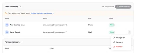 The “Team members” card with the ⋮ menu open for Jamie Sample: Change role, Suspend and — in red — Remove.