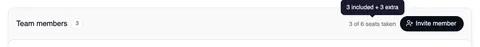 The top of the “Team members” card: “3 of 6 seats taken” with the tip “3 included + 3 extra” above it, next to it the “Invite member” button.