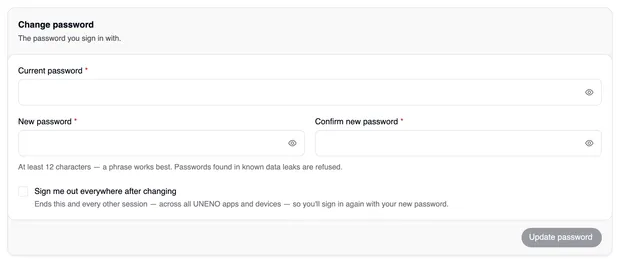 The “Change password” card with the “Current password”, “New password” and “Confirm new password” fields, the “Sign me out everywhere after changing” checkbox and the “Update password” button.