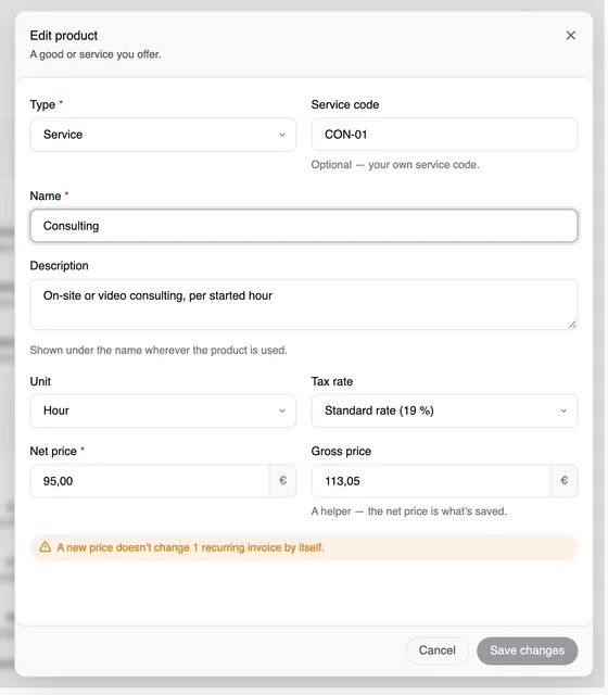 The “Edit product” window for “Consulting” with the note “A new price doesn’t change 1 recurring invoice by itself.”