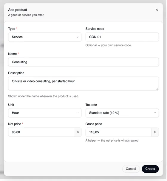 The “Add product” window — “A good or service you offer.” — with type Service, service code CON-01, name Consulting, a description, unit Stunde, tax rate Regelsteuersatz (19 %), net price 95,00 and gross price 113,05.