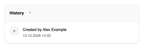 The history of “Sample product”: “Created by Alex Example” with its date and time, with a round icon.