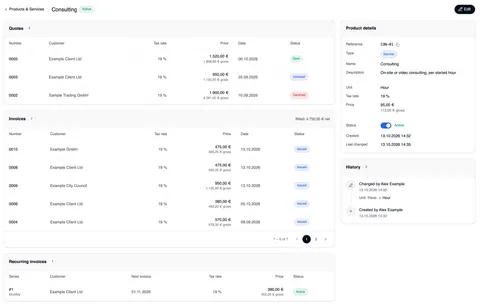 The overview of “Consulting” (Active) with “Edit”: on the left the cards “Quotes”, “Invoices” with “Billed: … net” and “Recurring invoices”, each with number, customer, tax rate, price (net and gross), date and status; on the right “Product details” and “History”.