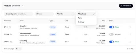 The product list with the “All statuses” filter open: “All statuses” (selected), “Active” and “Archived”.
