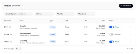 The list “Products & Services 3” with “Add product”, the search field, the “All types”, “All units” and “All statuses” filters and three products with reference, name and description, type, unit, tax, price (net, gross below) and status — two active, “Sample product” archived.