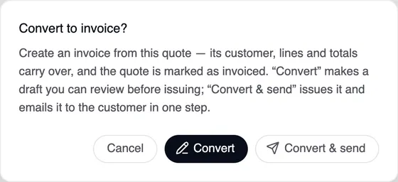 The “Convert to invoice” window: the customer, lines and totals carry over, and the quote is marked as invoiced. Cancel, Convert and Convert & send buttons.
