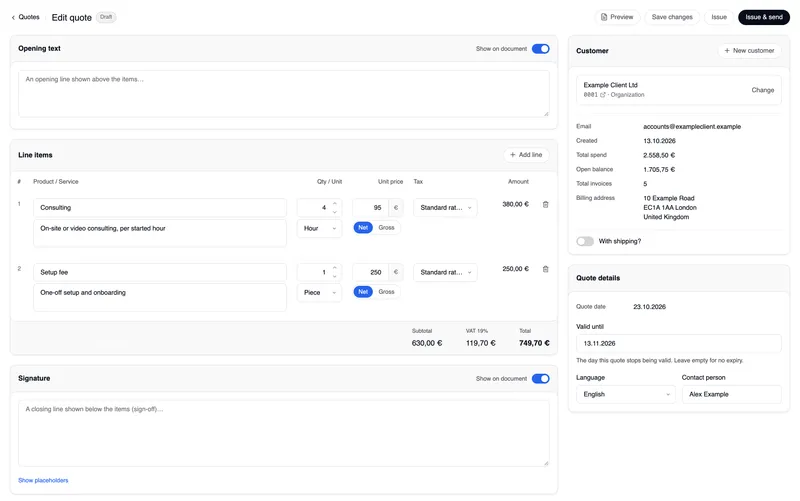 The quote editor: at the top “‹ Quotes”, the title Edit quote with the status Draft and the buttons Preview, Save changes, Issue and Issue & send; on the left the opening text, the line items Consulting (4 hours at €95) and Setup fee (1 piece at €250) with amount, subtotal, VAT and total, then the signature; on the right the Customer card with Example Client Ltd (0001 · Organization), their details, the billing address and the “With shipping?” switch, and the quote details with quote date, valid until, language and contact person.