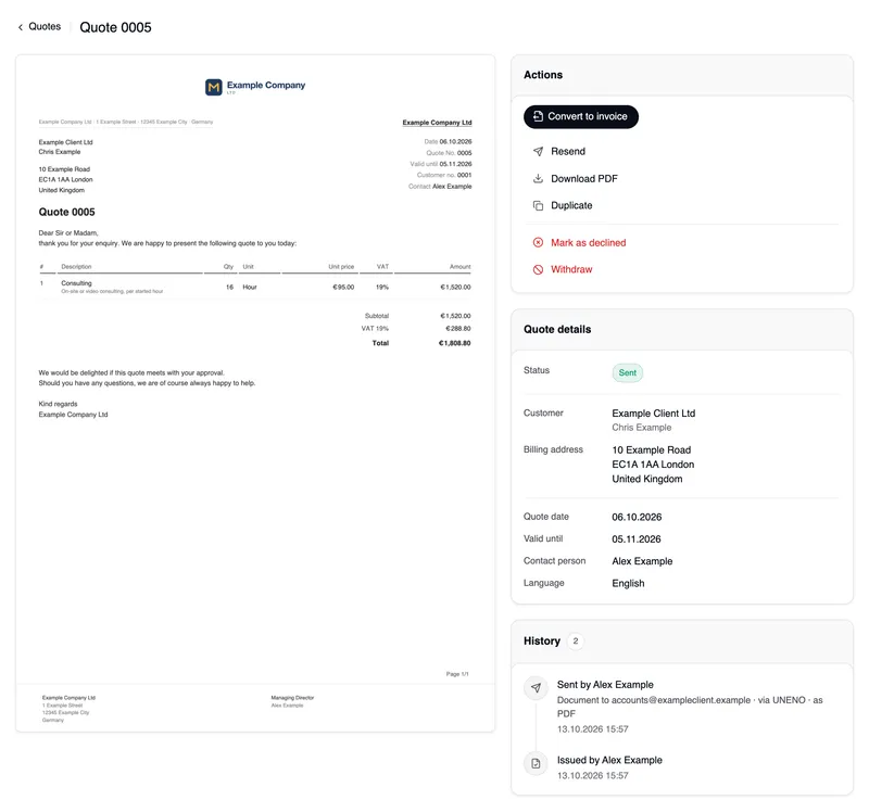 The overview of quote 0005: on the left the quote as a document with Example Company's logo, the address, the opening text, the Consulting line, the totals and the closing text; on the right the Actions card with Convert to invoice, then Resend, Download PDF and Duplicate, and in red Mark as declined and Withdraw; below, the quote details and the history with Issued and Sent.