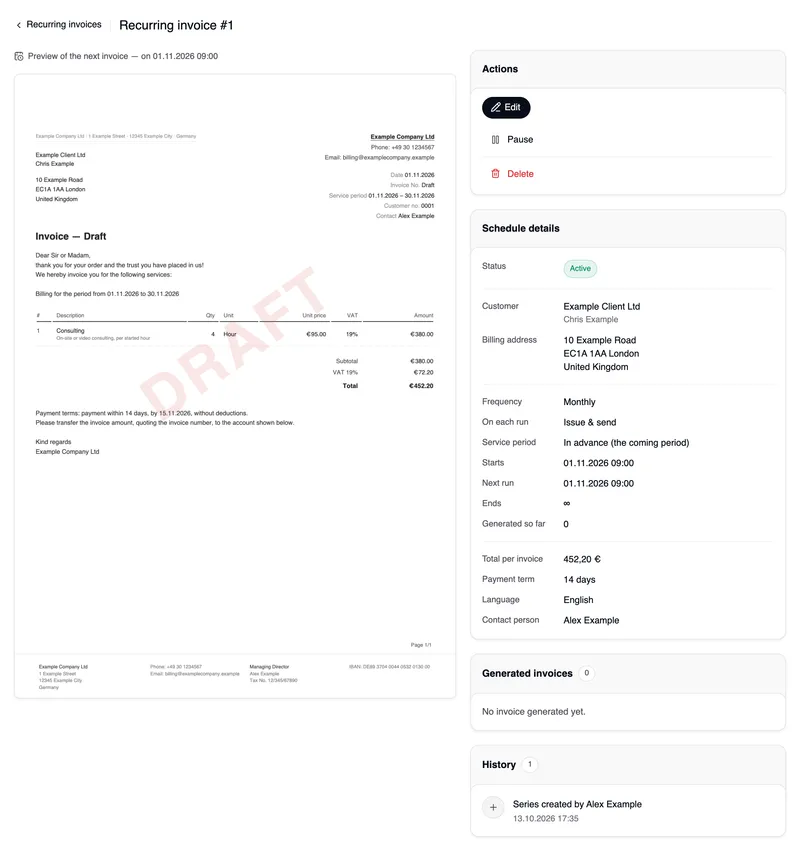 The overview of schedule #1 to Example Client Ltd: on the left “Preview of the next invoice — on 01.11.2026 09:00” and the invoice as a document stamped DRAFT — date 01.11.2026, service period 01.11.2026 – 30.11.2026, Consulting 4 hours, total 452,20 €; on the right the Actions card with “Edit”, below it Pause and in red Delete; below that the schedule details with status Active, customer, billing address, frequency Monthly, on each run Issue & send, service period in advance, starts, next run, ends ∞, generated so far 0, total per invoice 452,20 €, payment term 14 days, language and contact person; below that Generated invoices and the history with “Series created”.