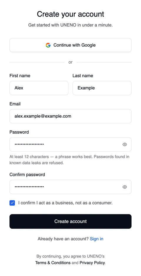 The page “Create your account”: at the top “Continue with Google”, then “or” and the form with first name, last name, email, password, confirm password, the business confirmation, the “Create account” button and “Already have an account? Sign in”.