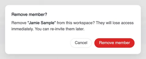 The “Remove member?” window asking whether to remove “Jamie Sample” from this workspace, with the “Cancel” and “Remove member” buttons.
