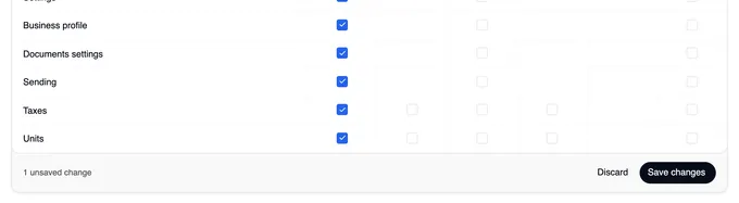 The bottom of the grid with the card's foot: “1 unsaved change” on the left, “Discard” and “Save changes” on the right.