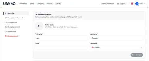 The “Settings” page: on the left the list My profile, Two-factor authentication, Change email, Change password, Appearance and Delete account (in red), on the right the “Personal information” card.