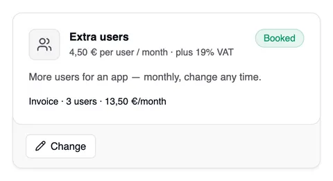 The “Extra users” card after booking, marked “Booked”, with the line “Invoice · 3 users · 13,50 €/month” and the “Change” button at the bottom.