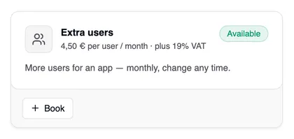 The “Extra users” card under Store, marked “Available”: “4,50 € per user / month · plus 19% VAT”, the description and the “Book” button at the bottom.