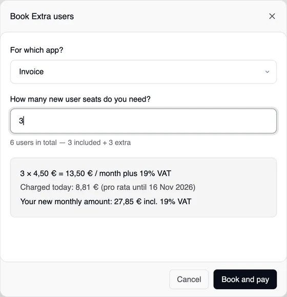 The “Book Extra users” dialog: app “Invoice”, 3 new user seats, “6 users in total — 3 included + 3 extra”, in the grey box “3 × 4,50 € = 13,50 € / month plus 19% VAT”, “Charged today: 8,81 € (pro rata until 16 Nov 2026)” and “Your new monthly amount: 27,85 € incl. 19% VAT”, at the bottom “Book and pay”.