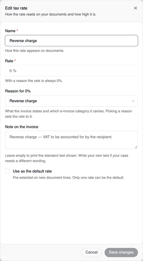 The “Edit tax rate” window for Reverse charge: the rate “0 %”, fixed, with “With a reason the rate is always 0%.”, Reason for 0% “Reverse charge” and the “Note on the invoice” field showing the standard text.