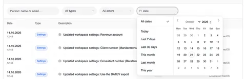 The open date filter: on the left the periods All dates (selected), Today, Last 7 days, Last 30 days, This month, Last month and This year, on the right the calendar for October 2026 with the week starting on Monday.