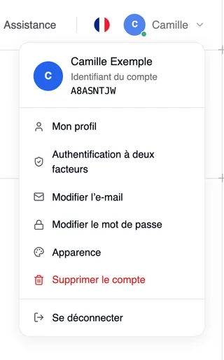 Le menu du compte ouvert avec le nom et l’identifiant du compte, en dessous Mon profil, Authentification à deux facteurs, Modifier l’e-mail, Modifier le mot de passe, Apparence, Supprimer le compte (en rouge) et Se déconnecter.