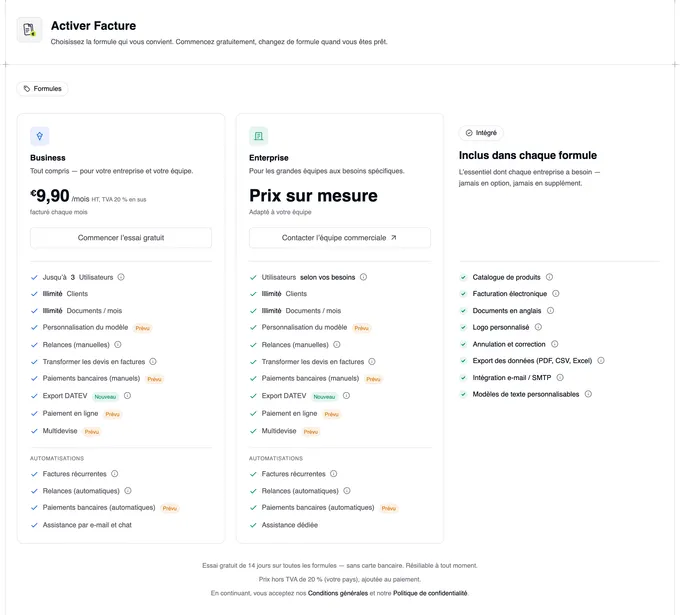 La page « Activer Facture » avec les formules Business (€9,90 /mois HT, TVA 20 % en sus, « Commencer l’essai gratuit ») et Enterprise (Prix sur mesure, « Contacter l’équipe commerciale »), « Inclus dans chaque formule » à côté et, en dessous, l’avis sur l’essai gratuit de 14 jours.